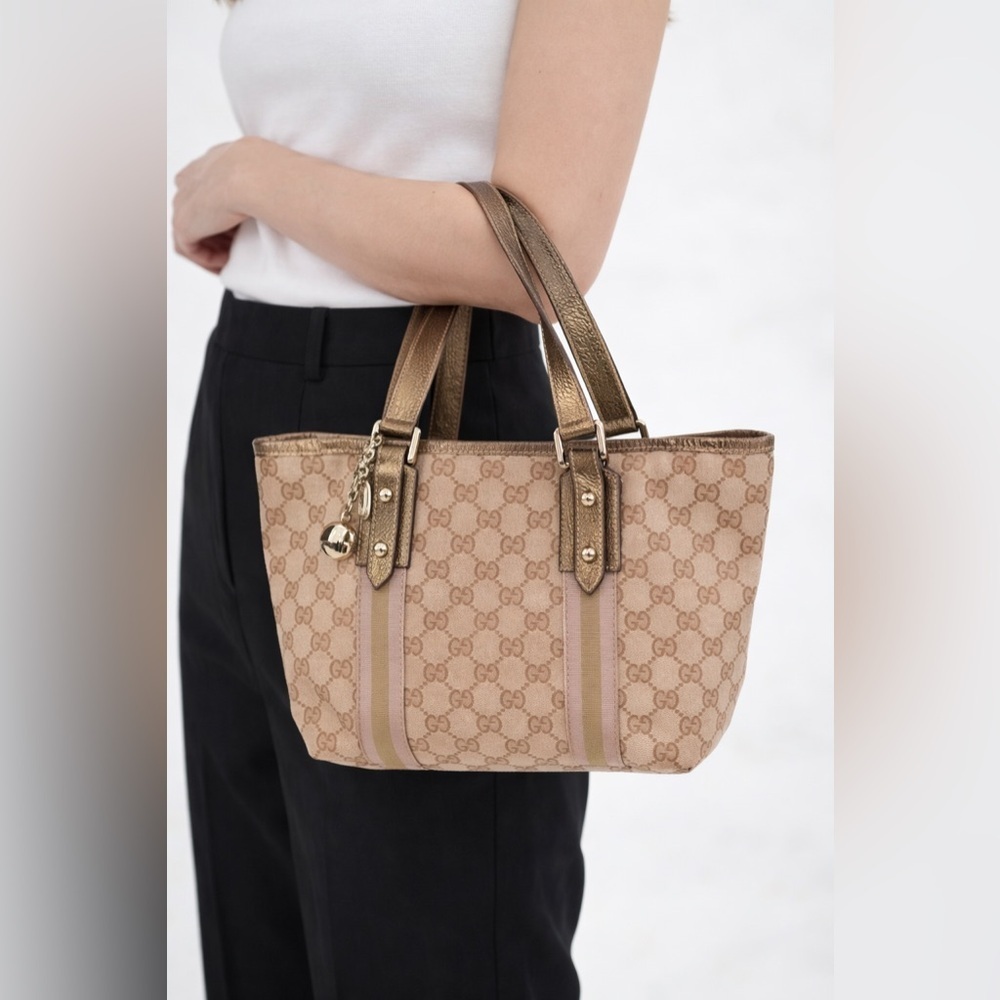 Gucci Gold Metallic and Beige/Pink GG Canvas Leather Jolicoeur Web Tote